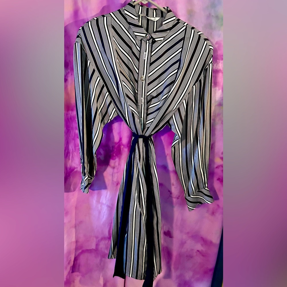 vintage 8 sully bonnelly silk dress buttons tie black white midi